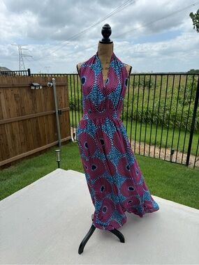 Sleeveless Halter Maxi Dress in Fuchsia & Teal
